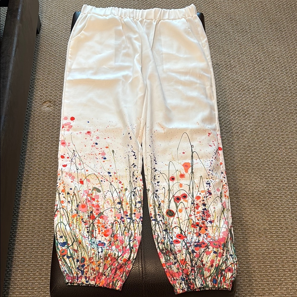 White Floral Print Joggers